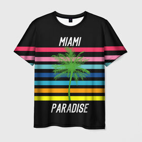 Мужская футболка 3D с принтом Miami Paradise в Кировске, 100% полиэфир | прямой крой, круглый вырез горловины, длина до линии бедер | america | city | colorful | drawing | grap | miami | palm tree | paradise | recreation | resort | stripes | tree | usa | world | америка | город | графика | дерево | курорт | майами | мировой | надпись | отдых | пальма | полосы | разноцветные | рай | рису