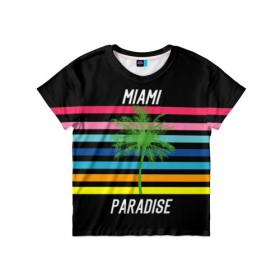 Детская футболка 3D с принтом Miami Paradise в Кировске, 100% гипоаллергенный полиэфир | прямой крой, круглый вырез горловины, длина до линии бедер, чуть спущенное плечо, ткань немного тянется | america | city | colorful | drawing | grap | miami | palm tree | paradise | recreation | resort | stripes | tree | usa | world | америка | город | графика | дерево | курорт | майами | мировой | надпись | отдых | пальма | полосы | разноцветные | рай | рису