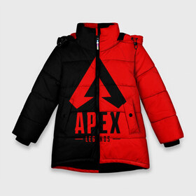 Зимняя куртка для девочек 3D с принтом APEX LEGENDS RED в Кировске, ткань верха — 100% полиэстер; подклад — 100% полиэстер, утеплитель — 100% полиэстер. | длина ниже бедра, удлиненная спинка, воротник стойка и отстегивающийся капюшон. Есть боковые карманы с листочкой на кнопках, утяжки по низу изделия и внутренний карман на молнии. 

Предусмотрены светоотражающий принт на спинке, радужный светоотражающий элемент на пуллере молнии и на резинке для утяжки. | Тематика изображения на принте: apex | legend | legends | titanfall | апекс | арех | бангалор | бладхаунд | верхушки | гибралтар | каустик | лайфлайн | легенда | легенды | ледженд | леджендс | мираж | орех | рэйф | титанфол