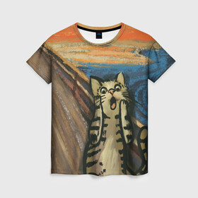 Женская футболка 3D с принтом Крик котика в Кировске, 100% полиэфир ( синтетическое хлопкоподобное полотно) | прямой крой, круглый вырез горловины, длина до линии бедер | cat | картина | кот | котик | котики | коты | котэ | кошак | крик | мем | приколы