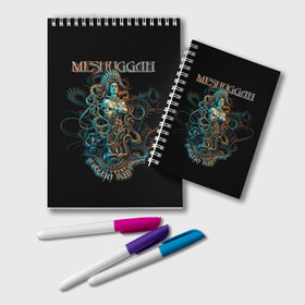 Блокнот с принтом Meshuggah в Кировске, 100% бумага | 48 листов, плотность листов — 60 г/м2, плотность картонной обложки — 250 г/м2. Листы скреплены удобной пружинной спиралью. Цвет линий — светло-серый
 | Тематика изображения на принте: djent | jens kidman | meshuggah | metal | грув метал | группы | метал | мешуга | музыка | рок