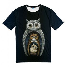 Мужская футболка 3D с принтом сова-матрешка в Кировске, 100% полиэфир | прямой крой, круглый вырез горловины, длина до линии бедер | owl | матрешка | ночь | птица | сова | филин