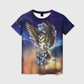 Женская футболка 3D с принтом сова в Кировске, 100% полиэфир ( синтетическое хлопкоподобное полотно) | прямой крой, круглый вырез горловины, длина до линии бедер | owl | галактика | звезды | космос | млечный путь | ночь | птица | сова | филин