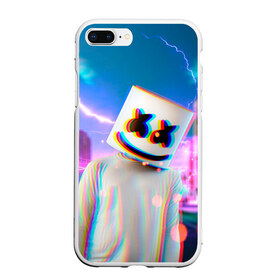 Чехол для iPhone 7Plus/8 Plus матовый с принтом Marshmello Glitch в Кировске, Силикон | Область печати: задняя сторона чехла, без боковых панелей | christopher | comstock | dj | dotcom | fortnite | friends | glitch | marshmallow | marshmello | usa | глитч | диджей | друзья | зефир | комсток | крис | мармелад | маршмэллоу | молнии | музыка | продюсер | сша | фортнайт | хаус | электро