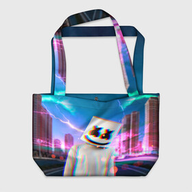 Пляжная сумка 3D с принтом Marshmello Glitch в Кировске, 100% полиэстер | застегивается на металлическую кнопку; внутренний карман застегивается на молнию. Стенки укреплены специальным мягким материалом, чтобы защитить содержимое от несильных ударов
 | christopher | comstock | dj | dotcom | fortnite | friends | glitch | marshmallow | marshmello | usa | глитч | диджей | друзья | зефир | комсток | крис | мармелад | маршмэллоу | молнии | музыка | продюсер | сша | фортнайт | хаус | электро