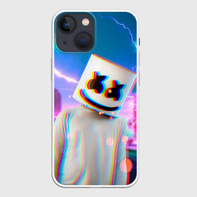 Чехол для iPhone 13 mini с принтом Marshmello Glitch в Кировске,  |  | Тематика изображения на принте: christopher | comstock | dj | dotcom | fortnite | friends | glitch | marshmallow | marshmello | usa | глитч | диджей | друзья | зефир | комсток | крис | мармелад | маршмэллоу | молнии | музыка | продюсер | сша | фортнайт | хаус | электро