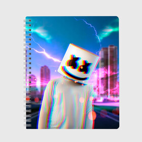 Тетрадь с принтом Marshmello Glitch в Кировске, 100% бумага | 48 листов, плотность листов — 60 г/м2, плотность картонной обложки — 250 г/м2. Листы скреплены сбоку удобной пружинной спиралью. Уголки страниц и обложки скругленные. Цвет линий — светло-серый
 | Тематика изображения на принте: christopher | comstock | dj | dotcom | fortnite | friends | glitch | marshmallow | marshmello | usa | глитч | диджей | друзья | зефир | комсток | крис | мармелад | маршмэллоу | молнии | музыка | продюсер | сша | фортнайт | хаус | электро