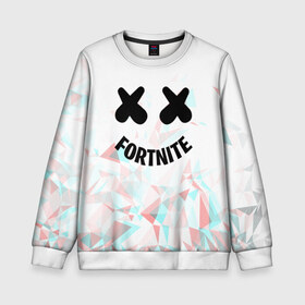 Детский свитшот 3D с принтом FORTNITE x MARSHMELLO в Кировске, 100% полиэстер | свободная посадка, прямой крой, мягкая тканевая резинка на рукавах и понизу свитшота | Тематика изображения на принте: 2019 | dj | fortnite | game | glitch | marshmello | usa | америка | глитч | игра | клубная музыка | маршмелло | музыка | музыкант | ф | фортнайт