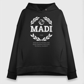 Женское худи Oversize хлопок с принтом MADI в Кировске, френч-терри — 70% хлопок, 30% полиэстер. Мягкий теплый начес внутри —100% хлопок | боковые карманы, эластичные манжеты и нижняя кромка, капюшон на магнитной кнопке | Тематика изображения на принте: moscow automobile and road construction state technical university | институт | мади | московский автомобильно дорожный государственный технический университет | универ | университет