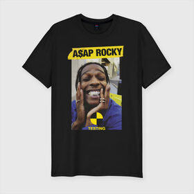 Мужская футболка премиум с принтом A$AP ROCKY в Кировске, 92% хлопок, 8% лайкра | приталенный силуэт, круглый вырез ворота, длина до линии бедра, короткий рукав | Тематика изображения на принте: aap | asap | mob | rap | rocky | testing | асап | банда | моб | раким | реп | роки | рэп | рэпер | тестинг | эйсап | эсап