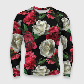 Мужской рашгард 3D с принтом Розы в Кировске,  |  | f | flora | flowers | greens | leaves | nature | ornament | patterns | petals | red | roses | style | white | youth | белые | зелень | иллюстрация | красные | лепестки | листья | мода | молодежная | орнамент | природа | розовые | розы | стиль | узоры | фл