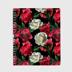Тетрадь с принтом Розы в Кировске, 100% бумага | 48 листов, плотность листов — 60 г/м2, плотность картонной обложки — 250 г/м2. Листы скреплены сбоку удобной пружинной спиралью. Уголки страниц и обложки скругленные. Цвет линий — светло-серый
 | Тематика изображения на принте: f | flora | flowers | greens | leaves | nature | ornament | patterns | petals | red | roses | style | white | youth | белые | зелень | иллюстрация | красные | лепестки | листья | мода | молодежная | орнамент | природа | розовые | розы | стиль | узоры | фл