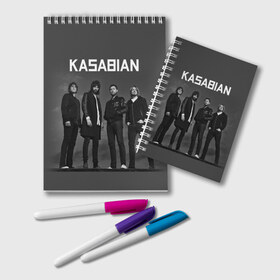 Блокнот с принтом Kasabian в Кировске, 100% бумага | 48 листов, плотность листов — 60 г/м2, плотность картонной обложки — 250 г/м2. Листы скреплены удобной пружинной спиралью. Цвет линий — светло-серый
 | Тематика изображения на принте: kasabian | группы | касабиан | касейбиан | крис эдвардс | музыка | рок | рок группы | серджио пиццорно | том мейган