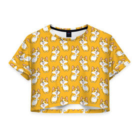 Женская футболка Cropp-top с принтом Корги Паттерн 2 в Кировске, 100% полиэстер | круглая горловина, длина футболки до линии талии, рукава с отворотами | веселый | лапочка | милый | мимими | оранжевый | пес | песик | собака | счастье | щенок