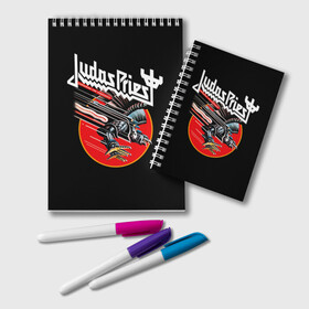 Блокнот с принтом Judas Priest в Кировске, 100% бумага | 48 листов, плотность листов — 60 г/м2, плотность картонной обложки — 250 г/м2. Листы скреплены удобной пружинной спиралью. Цвет линий — светло-серый
 | Тематика изображения на принте: judas priest | metal | rock | группы | метал | музыка | рок | хард рок | хэви метал