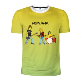 Мужская футболка 3D спортивная с принтом Nirvana в стиле simpsons в Кировске, 100% полиэстер с улучшенными характеристиками | приталенный силуэт, круглая горловина, широкие плечи, сужается к линии бедра | Тематика изображения на принте: 