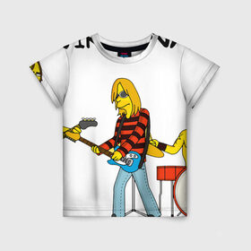 Детская футболка 3D с принтом Nirvana в стиле simpsons в Кировске, 100% гипоаллергенный полиэфир | прямой крой, круглый вырез горловины, длина до линии бедер, чуть спущенное плечо, ткань немного тянется | nirvana | simpsons | барабаны | басы | гитара | курт | курт кобейн | музыканты | мультик | нирвана | рок | симпсоны