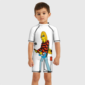 Детский купальный костюм 3D с принтом Nirvana в стиле simpsons в Кировске, Полиэстер 85%, Спандекс 15% | застежка на молнии на спине | nirvana | simpsons | барабаны | басы | гитара | курт | курт кобейн | музыканты | мультик | нирвана | рок | симпсоны