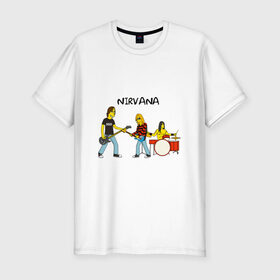 Мужская футболка премиум с принтом Nirvana в стиле simpsons в Кировске, 92% хлопок, 8% лайкра | приталенный силуэт, круглый вырез ворота, длина до линии бедра, короткий рукав | nirvana | simpsons | барабаны | басы | гитара | курт | курт кобейн | музыканты | мультик | нирвана | рок | симпсоны