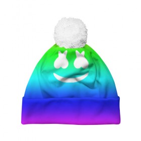 Шапка 3D c помпоном с принтом Marshmello COLORS в Кировске, 100% полиэстер | универсальный размер, печать по всей поверхности изделия | christopher comstock | dj | marshmello | music | диджей | клубная музыка | клубняк | крис комсток | логотип | маршмэллоу | музыка