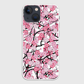 Чехол для iPhone 13 mini с принтом Сакура в Кировске,  |  | blossoms | cherry | flower | pink | sakura | spring | white | абстракция | белые | весна | ветки | вишня | графика | иллюстрация | картинка | лепестки | мода | молодежная | орнамент | природа | рисунок | розовые | сакура
