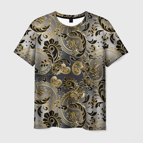 Мужская футболка 3D с принтом Золотой орнамент в Кировске, 100% полиэфир | прямой крой, круглый вырез горловины, длина до линии бедер | 