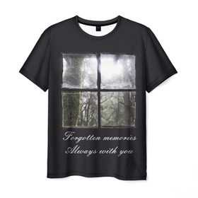 Мужская футболка 3D с принтом Forgotten Memories в Кировске, 100% полиэфир | прямой крой, круглый вырез горловины, длина до линии бедер | деревья | лес | мрачный | надпись | окно | старый | стекло