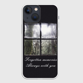 Чехол для iPhone 13 mini с принтом Forgotten Memories в Кировске,  |  | Тематика изображения на принте: деревья | лес | мрачный | надпись | окно | старый | стекло
