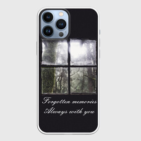 Чехол для iPhone 13 Pro Max с принтом Forgotten Memories в Кировске,  |  | Тематика изображения на принте: деревья | лес | мрачный | надпись | окно | старый | стекло