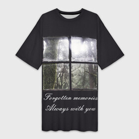 Платье-футболка 3D с принтом Forgotten Memories в Кировске,  |  | Тематика изображения на принте: деревья | лес | мрачный | надпись | окно | старый | стекло