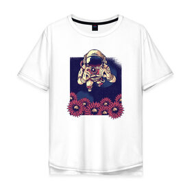 Мужская футболка хлопок Oversize с принтом Космонавт с Фотоаппаратом в Кировске, 100% хлопок | свободный крой, круглый ворот, “спинка” длиннее передней части | nasa | астронавт | космонавт | космос | наса | с цветами | фото | фотограф | цветы