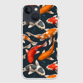 Чехол для iPhone 13 mini с принтом Карпы кои в Кировске,  |  | carp | fish | koi | белые | вода | волны | графика | золотая | иллюстрация | карпы | картинка | кои | косяк | красные | мода | молодежная | оранжевые | орнамент | плеск | плывут | природа | пузыри | пятна