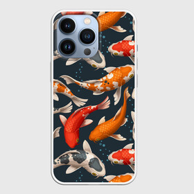 Чехол для iPhone 13 Pro с принтом Карпы кои в Кировске,  |  | carp | fish | koi | белые | вода | волны | графика | золотая | иллюстрация | карпы | картинка | кои | косяк | красные | мода | молодежная | оранжевые | орнамент | плеск | плывут | природа | пузыри | пятна