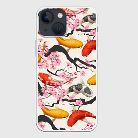 Чехол для iPhone 13 mini с принтом Карпы кои Сакура в Кировске,  |  | Тематика изображения на принте: fightin | белые | ветки | вишня | графика | золотая | иллюстрация | карпы | картинка | кои | косяк | красные | мода | молодежная | оранжевые | орнамент | плывут | природа | пятна | рисунок | розовая | рыба
