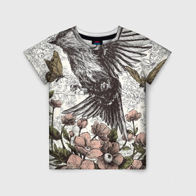 Детская футболка 3D с принтом Птица и бабочки в Кировске, 100% гипоаллергенный полиэфир | прямой крой, круглый вырез горловины, длина до линии бедер, чуть спущенное плечо, ткань немного тянется | абстракция | арт | бабочки | весенняя | калибри | картина | легкость | минимализм | природа | птица | свежесть | светлая | цветы
