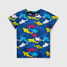 Детская футболка 3D с принтом Акулы в Кировске, 100% гипоаллергенный полиэфир | прямой крой, круглый вырез горловины, длина до линии бедер, чуть спущенное плечо, ткань немного тянется | Тематика изображения на принте: blue | drawin | fashion | fish | illustration | ocean | predator | red | sea | sharks | style | water | yellow | youth | акулы | вода | графика | жёлтый | иллюстрация | картинка | красный | мода | молодежная | море | океан | рисунок | рыба | син