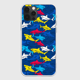 Чехол для iPhone 12 Pro с принтом Акулы в Кировске, силикон | область печати: задняя сторона чехла, без боковых панелей | blue | drawin | fashion | fish | illustration | ocean | predator | red | sea | sharks | style | water | yellow | youth | акулы | вода | графика | жёлтый | иллюстрация | картинка | красный | мода | молодежная | море | океан | рисунок | рыба | син