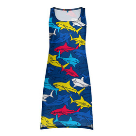 Платье-майка 3D с принтом Акулы в Кировске, 100% полиэстер | полуприлегающий силуэт, широкие бретели, круглый вырез горловины, удлиненный подол сзади. | blue | drawin | fashion | fish | illustration | ocean | predator | red | sea | sharks | style | water | yellow | youth | акулы | вода | графика | жёлтый | иллюстрация | картинка | красный | мода | молодежная | море | океан | рисунок | рыба | син
