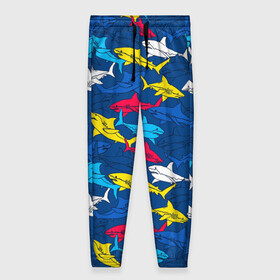 Женские брюки 3D с принтом Акулы в Кировске, полиэстер 100% | прямой крой, два кармана без застежек по бокам, с мягкой трикотажной резинкой на поясе и по низу штанин. В поясе для дополнительного комфорта — широкие завязки | blue | drawin | fashion | fish | illustration | ocean | predator | red | sea | sharks | style | water | yellow | youth | акулы | вода | графика | жёлтый | иллюстрация | картинка | красный | мода | молодежная | море | океан | рисунок | рыба | син