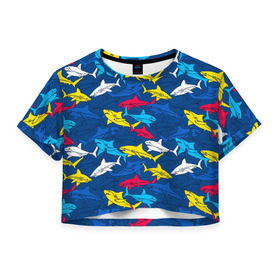 Женская футболка Cropp-top с принтом Акулы в Кировске, 100% полиэстер | круглая горловина, длина футболки до линии талии, рукава с отворотами | blue | drawin | fashion | fish | illustration | ocean | predator | red | sea | sharks | style | water | yellow | youth | акулы | вода | графика | жёлтый | иллюстрация | картинка | красный | мода | молодежная | море | океан | рисунок | рыба | син