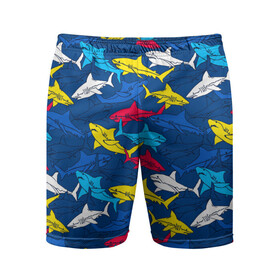 Мужские шорты спортивные с принтом Акулы в Кировске,  |  | blue | drawin | fashion | fish | illustration | ocean | predator | red | sea | sharks | style | water | yellow | youth | акулы | вода | графика | жёлтый | иллюстрация | картинка | красный | мода | молодежная | море | океан | рисунок | рыба | син