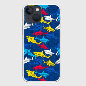 Чехол для iPhone 13 mini с принтом Акулы в Кировске,  |  | blue | drawin | fashion | fish | illustration | ocean | predator | red | sea | sharks | style | water | yellow | youth | акулы | вода | графика | жёлтый | иллюстрация | картинка | красный | мода | молодежная | море | океан | рисунок | рыба | син