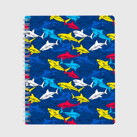 Тетрадь с принтом Акулы в Кировске, 100% бумага | 48 листов, плотность листов — 60 г/м2, плотность картонной обложки — 250 г/м2. Листы скреплены сбоку удобной пружинной спиралью. Уголки страниц и обложки скругленные. Цвет линий — светло-серый
 | Тематика изображения на принте: blue | drawin | fashion | fish | illustration | ocean | predator | red | sea | sharks | style | water | yellow | youth | акулы | вода | графика | жёлтый | иллюстрация | картинка | красный | мода | молодежная | море | океан | рисунок | рыба | син