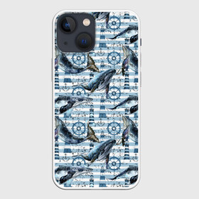 Чехол для iPhone 13 mini с принтом Киты в Кировске,  |  | animals | lighthouse | ocean | s | sea | steering wheel | vest | water | whales | вода | графика | животные | иллюстрация | картинка | киты | маяк | мода | молодежная | море | океан | полосы | рисунок | синий | стиль | тельняшка | фон