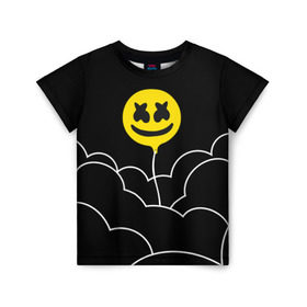 Детская футболка 3D с принтом MARSHMELLO - HAPPIER в Кировске, 100% гипоаллергенный полиэфир | прямой крой, круглый вырез горловины, длина до линии бедер, чуть спущенное плечо, ткань немного тянется | Тематика изображения на принте: happier | marsh | marshmallow | marshmello | marshmelo | mello | music | smile | диджей | лого | маршмеллов | маршмеллоу | маршмеллу | маршмело | маршмелов | маршмелоу | музыка | музыкант | трэп | улыбка | хаус