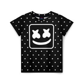 Детская футболка 3D с принтом MARSHMELLO в Кировске, 100% гипоаллергенный полиэфир | прямой крой, круглый вырез горловины, длина до линии бедер, чуть спущенное плечо, ткань немного тянется | marsh | marshmallow | marshmello | marshmelo | mello | music | smile | диджей | лого | маршмеллов | маршмеллоу | маршмеллу | маршмело | маршмелов | маршмелоу | музыка | музыкант | рожица | трэп | улыбка | хаус