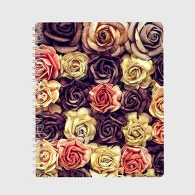 Тетрадь с принтом Шоколадные розы в Кировске, 100% бумага | 48 листов, плотность листов — 60 г/м2, плотность картонной обложки — 250 г/м2. Листы скреплены сбоку удобной пружинной спиралью. Уголки страниц и обложки скругленные. Цвет линий — светло-серый
 | Тематика изображения на принте: бабушке | девочке | девушке | дочке | желтые цветы | женщине | маме | подруге | природа | розовые цветы | розы | сестре | теще | тюльпаны | цветы