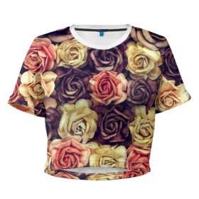 Женская футболка 3D укороченная с принтом Шоколадные розы в Кировске, 100% полиэстер | круглая горловина, длина футболки до линии талии, рукава с отворотами | бабушке | девочке | девушке | дочке | желтые цветы | женщине | маме | подруге | природа | розовые цветы | розы | сестре | теще | тюльпаны | цветы