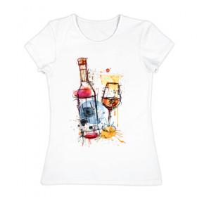 Женская футболка хлопок с принтом Винишко арт в Кировске, 100% хлопок | прямой крой, круглый вырез горловины, длина до линии бедер, слегка спущенное плечо | акварель | бокал | бутылка | вино | винцо | грусть | краски | одна