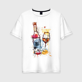 Женская футболка хлопок Oversize с принтом Винишко арт в Кировске, 100% хлопок | свободный крой, круглый ворот, спущенный рукав, длина до линии бедер
 | акварель | бокал | бутылка | вино | винцо | грусть | краски | одна